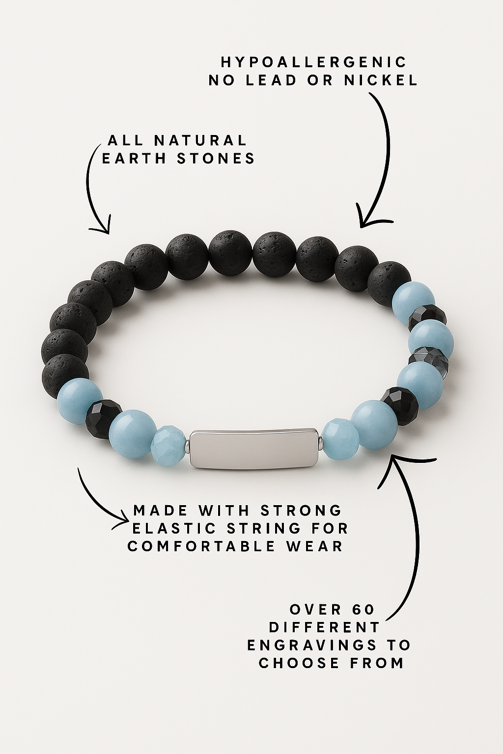 Bracelet with black and blue beads and a silver tag on a white background, featuring text about material and features.