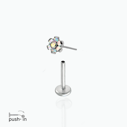 Ainsley: Flower On Me Opal Push In Flat Back Stud 18K Gold Plated Titanium Steel