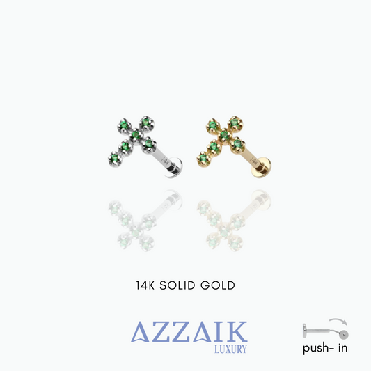 Alexandra: Green Emerald Cross 14k Solid Gold