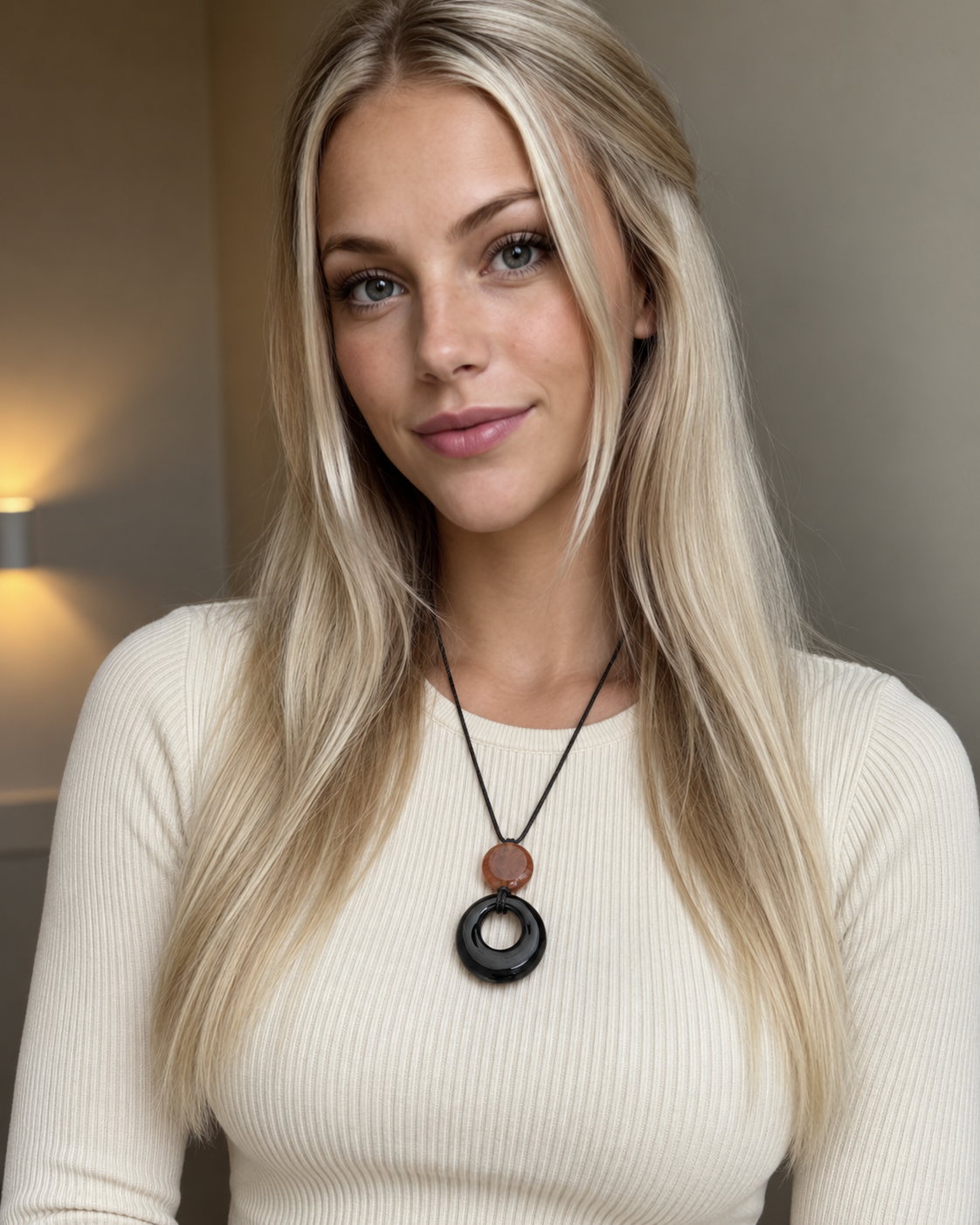 Vintage Style Long Pendant Necklace Natural Stone Sandalwood Gourd Circular Ring