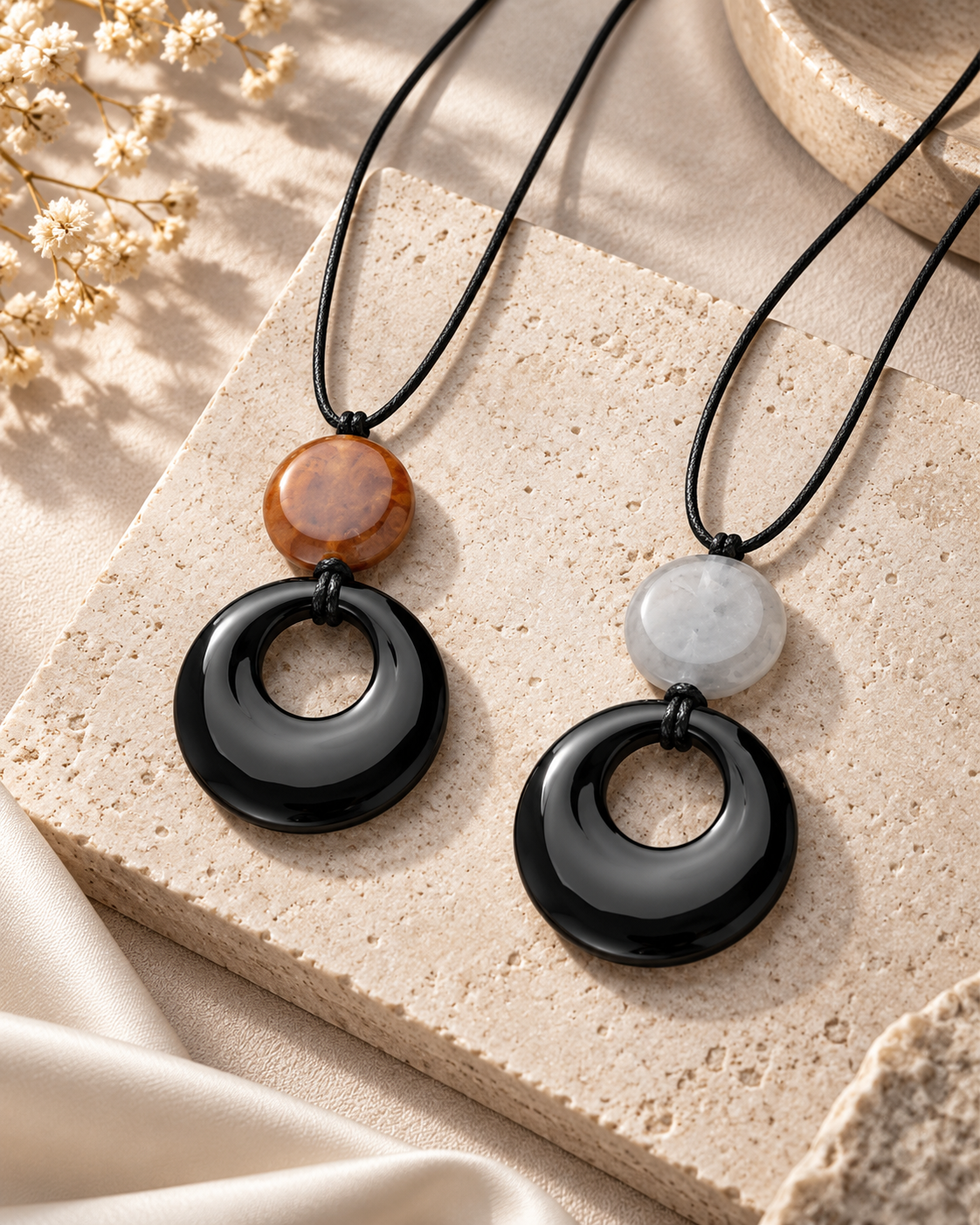 Vintage Style Long Pendant Necklace Natural Stone Sandalwood Gourd Circular Ring