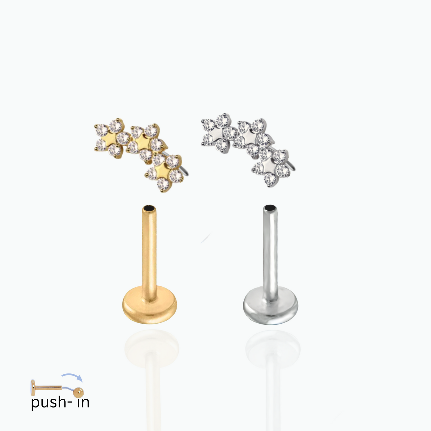 Daisy: Triple Flowers Push In Flat Back Stud 18K Gold Plated Titanium Steel