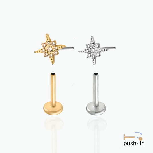 Elliana: 4 Star Push In Flat Back Stud 18K Gold Plated Titanium Steel