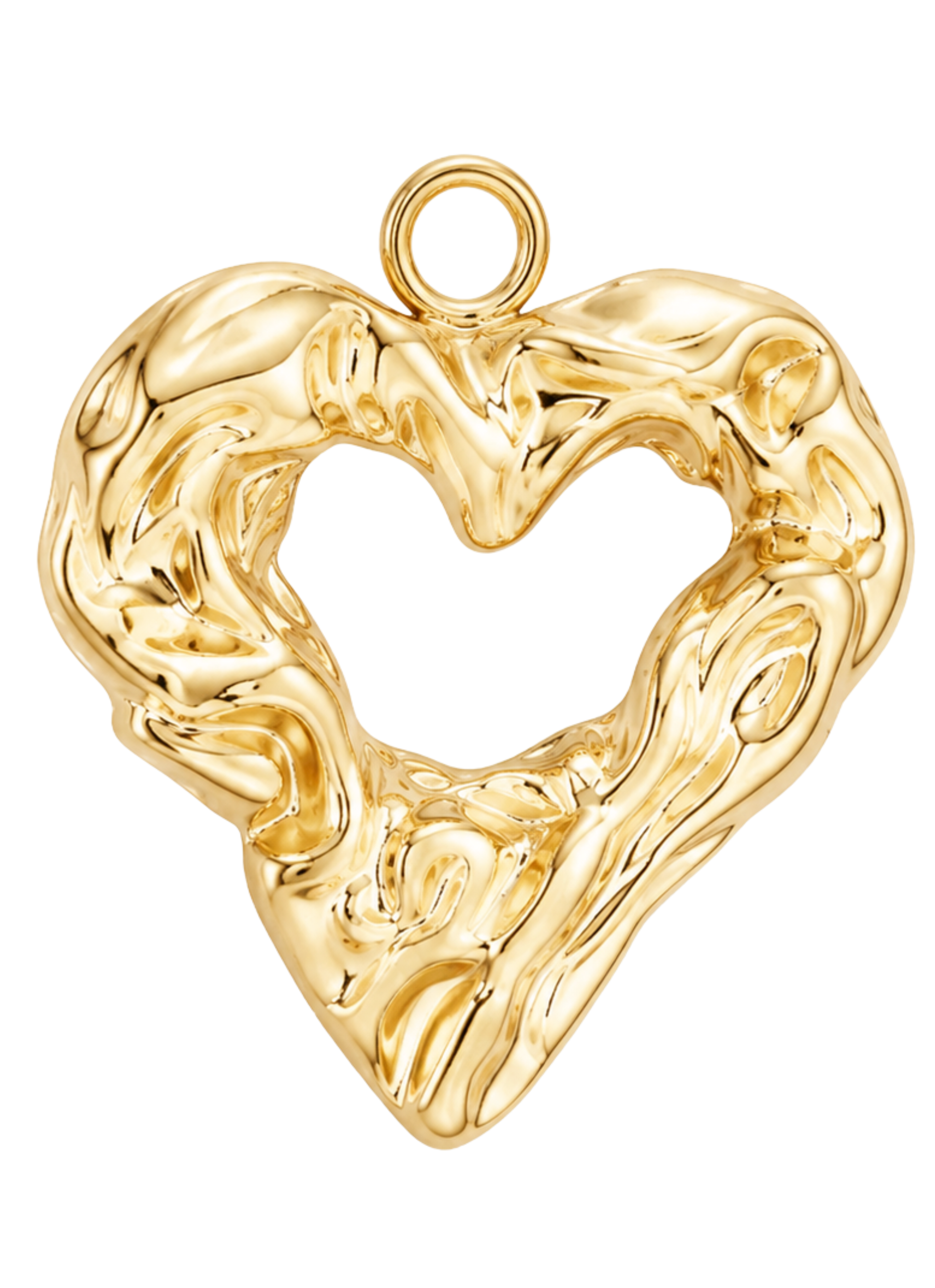 Gold heart-shaped pendant with intricate designs on a white background