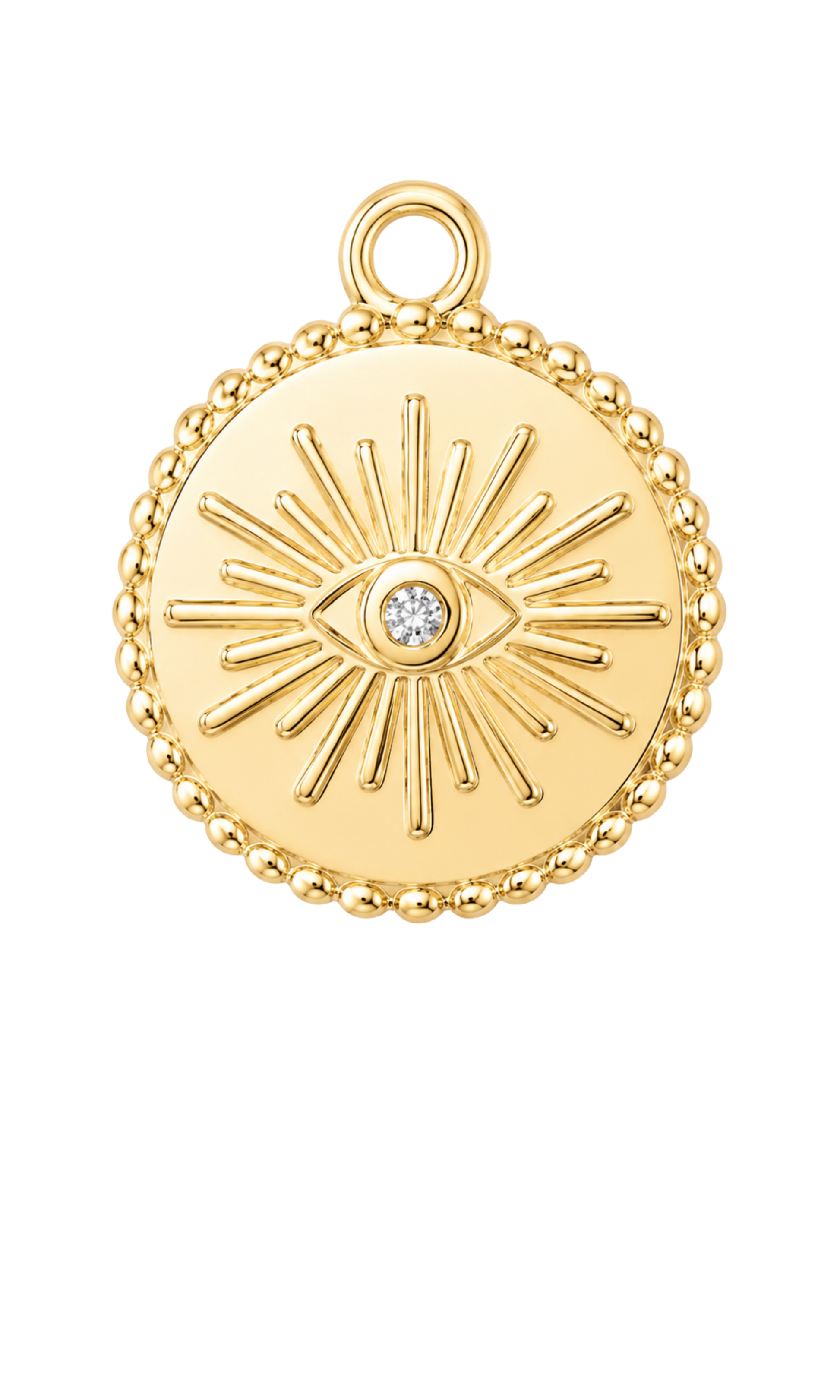 Gold pendant with eye design on a black background