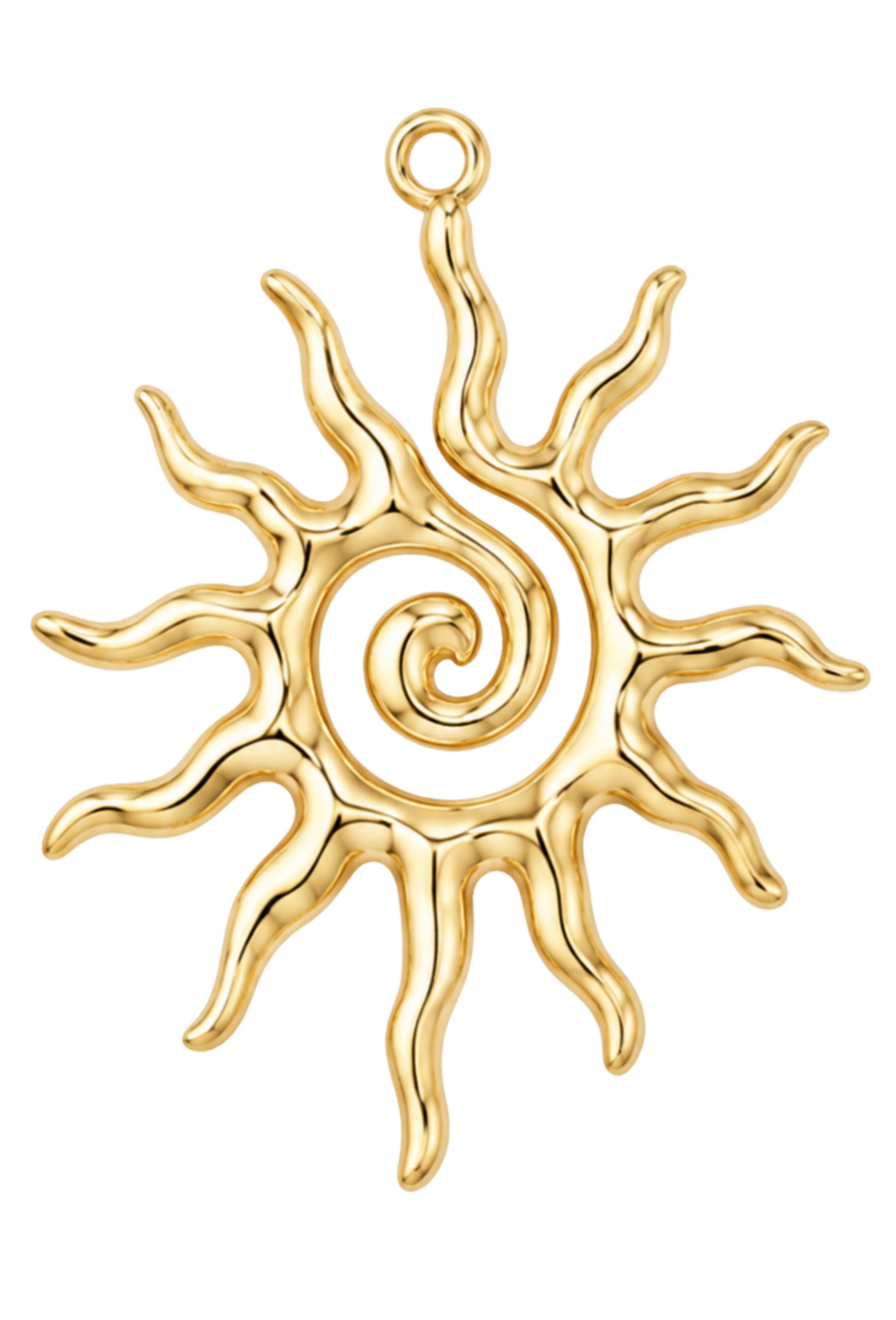 Gold sun-shaped pendant on a white background