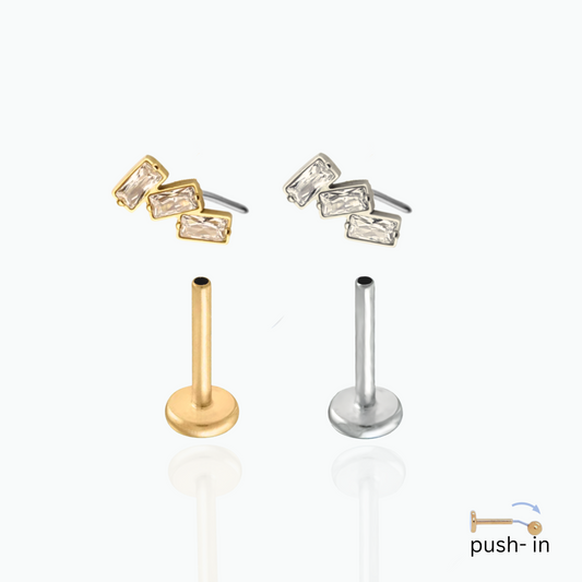 Lani: Triple rectangle Push In Flat Back Stud 18K Gold Plated Titanium Steel