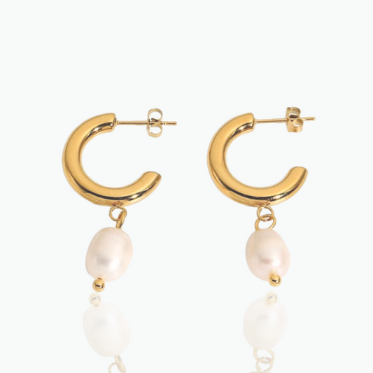 Lucy: Hoop Dangling Pearl 18k Gold Plated Stainless Steel Earrings