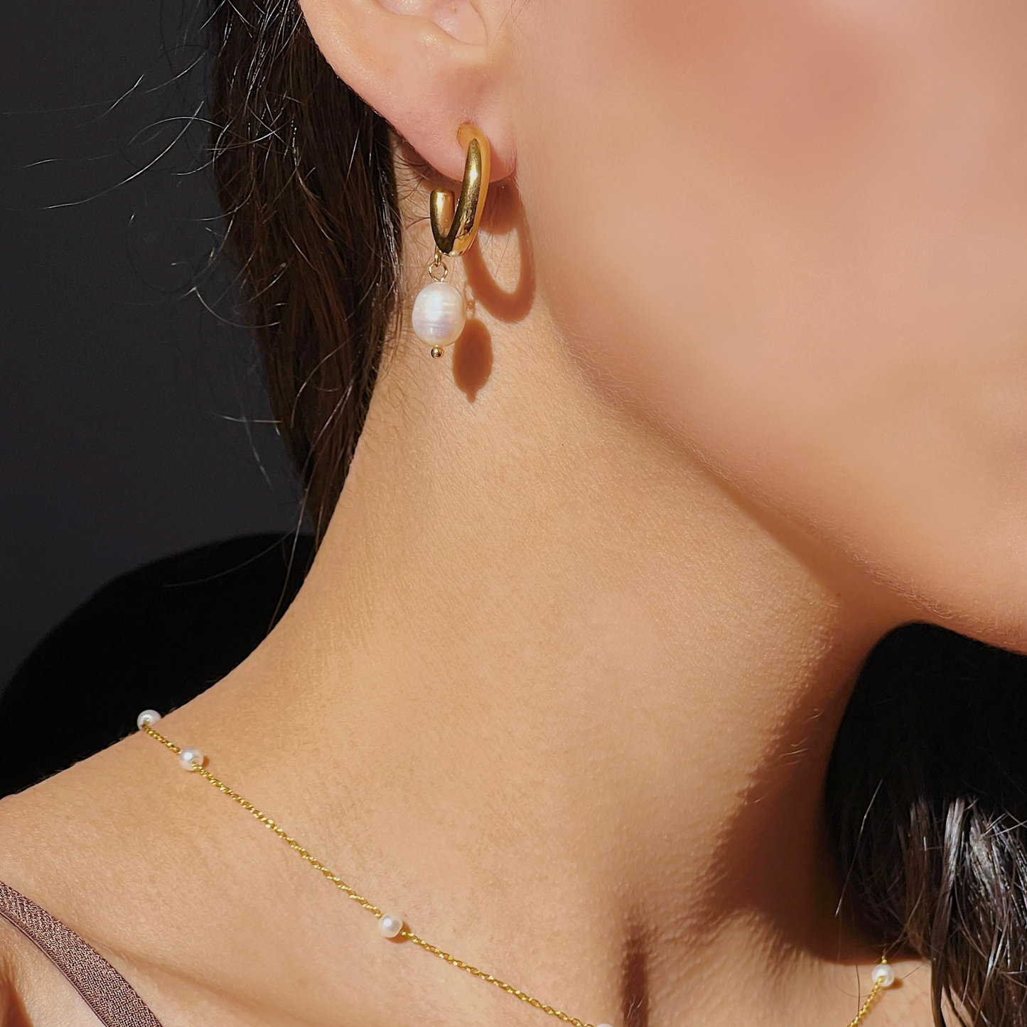 Lucy: Hoop Dangling Pearl 18k Gold Plated Stainless Steel Earrings