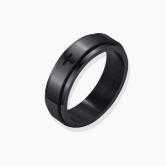 Noah: Black Spinner Cross Ring 18k Gold Plated Stainless Steel Ring