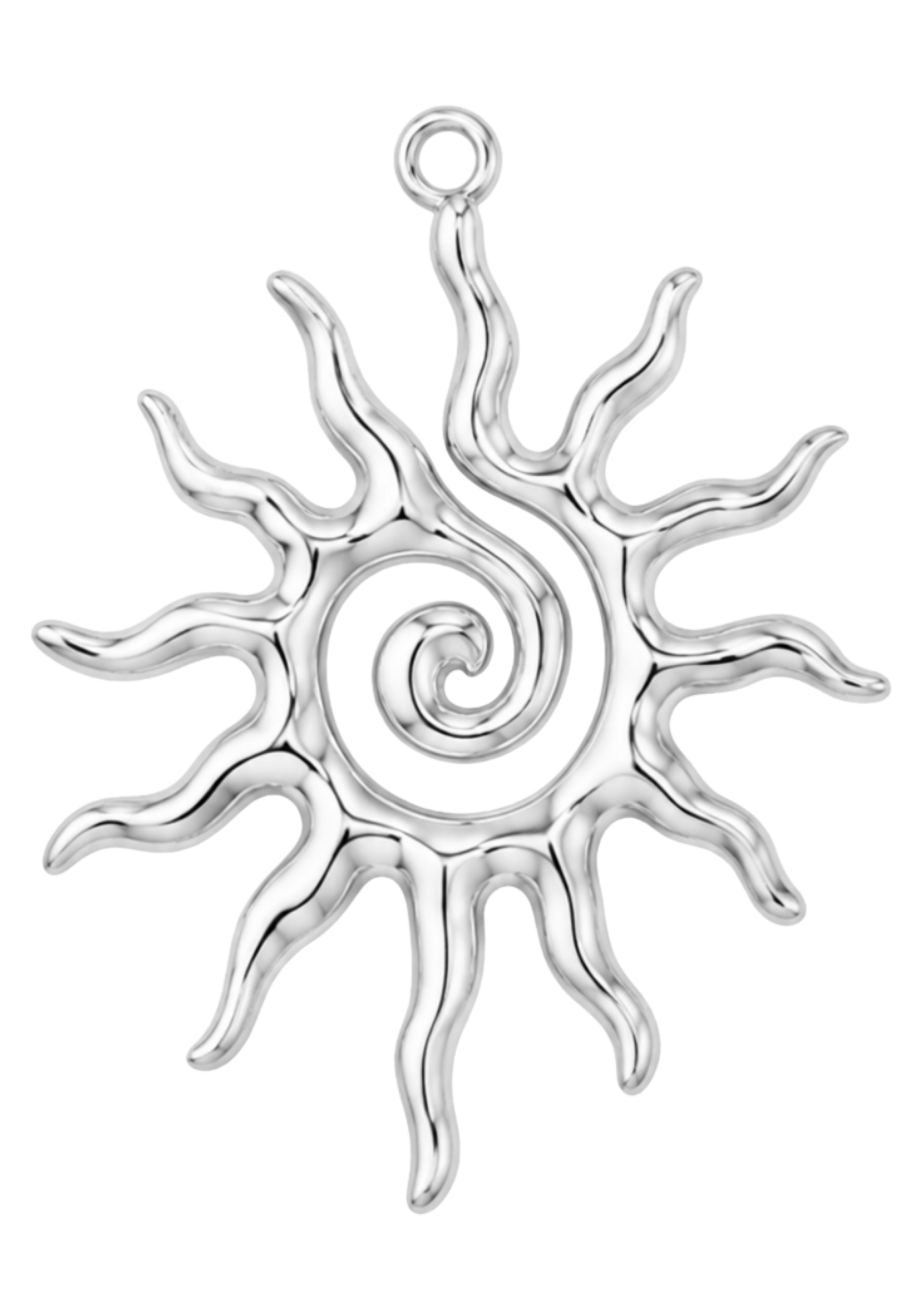 Silver sun-shaped pendant with a central spiral design on a white background