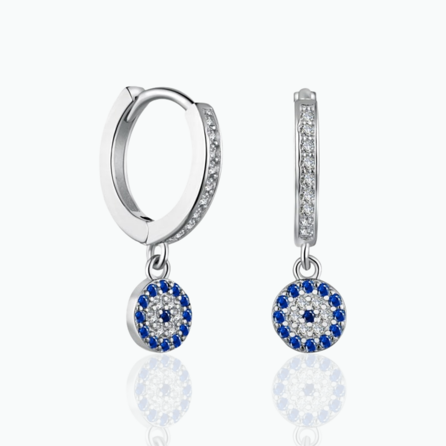 Sky: Evil Eye Huggies 14k White Gold Plated 925 Sterling Silver Earrings