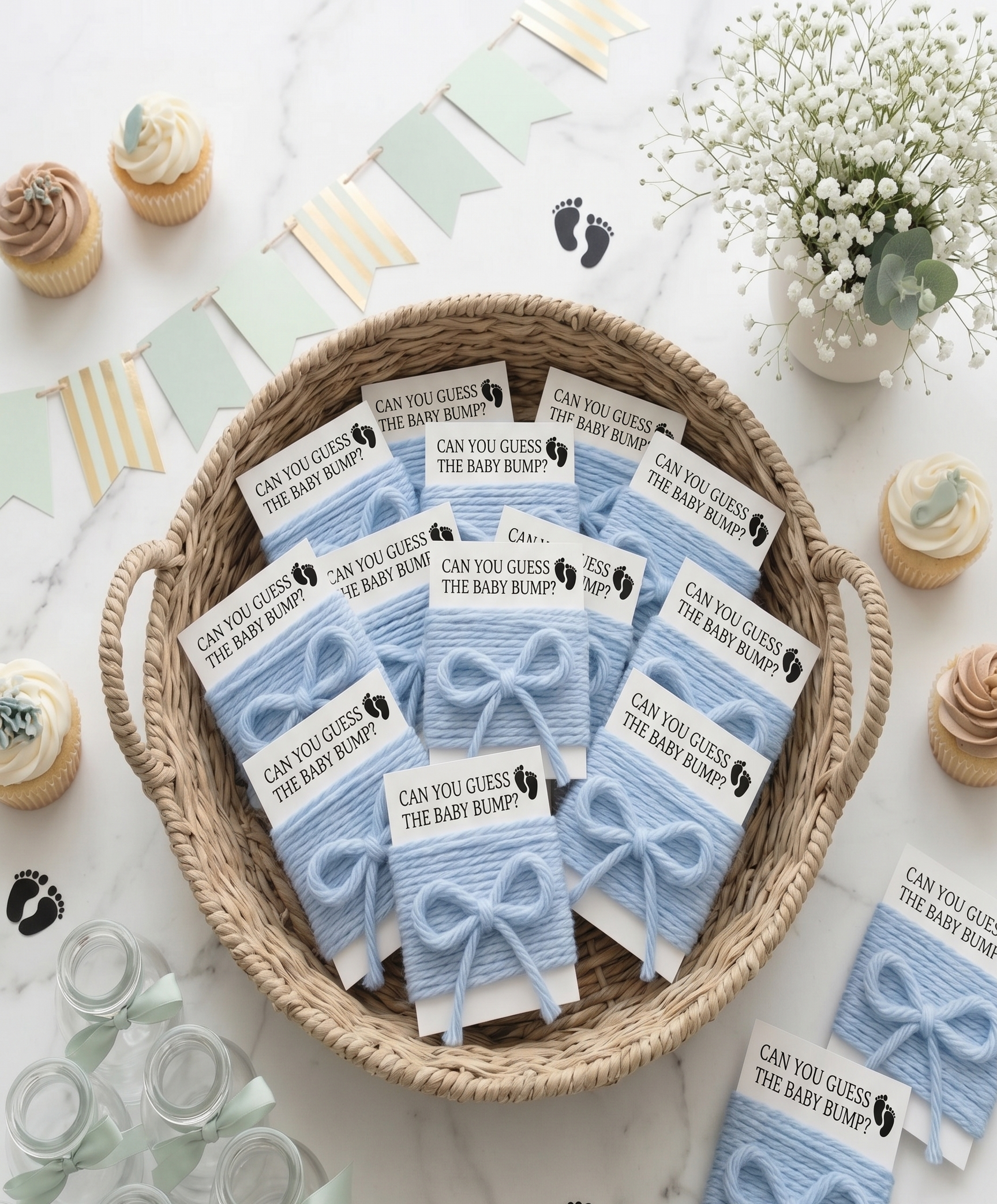 A woven basket filled with individually wrapped baby booties, each tied with a light blue ribbon bow and a printed tag that reads 'CAN YOU GUESS THE BABY BOOTIE?' with a footprint icon. The scene is styled on a white marble surface with cupcakes, small glass bottles, bunting, and baby footprints.