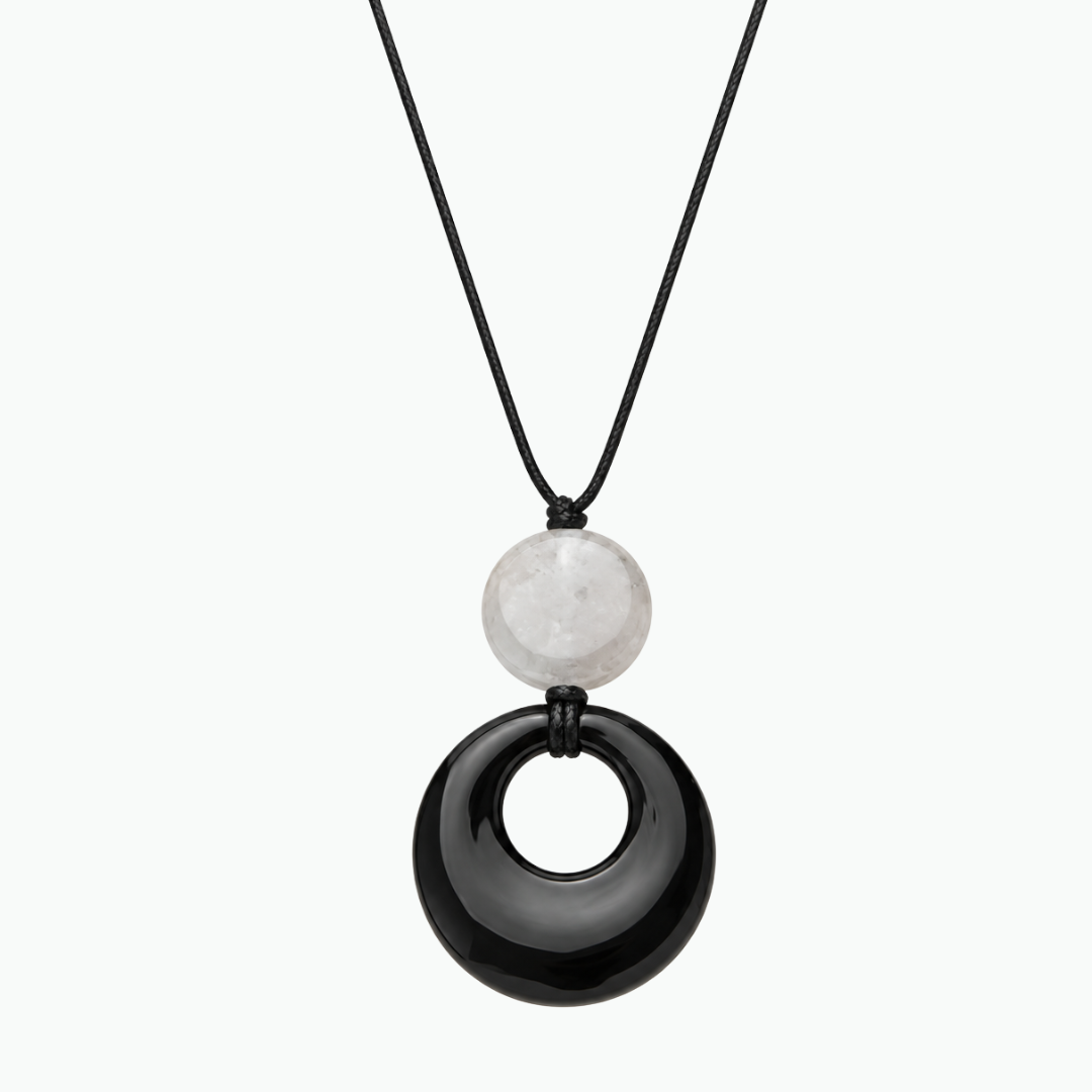 Vintage Style Long Pendant Necklace Natural Stone Sandalwood Gourd Circular Ring