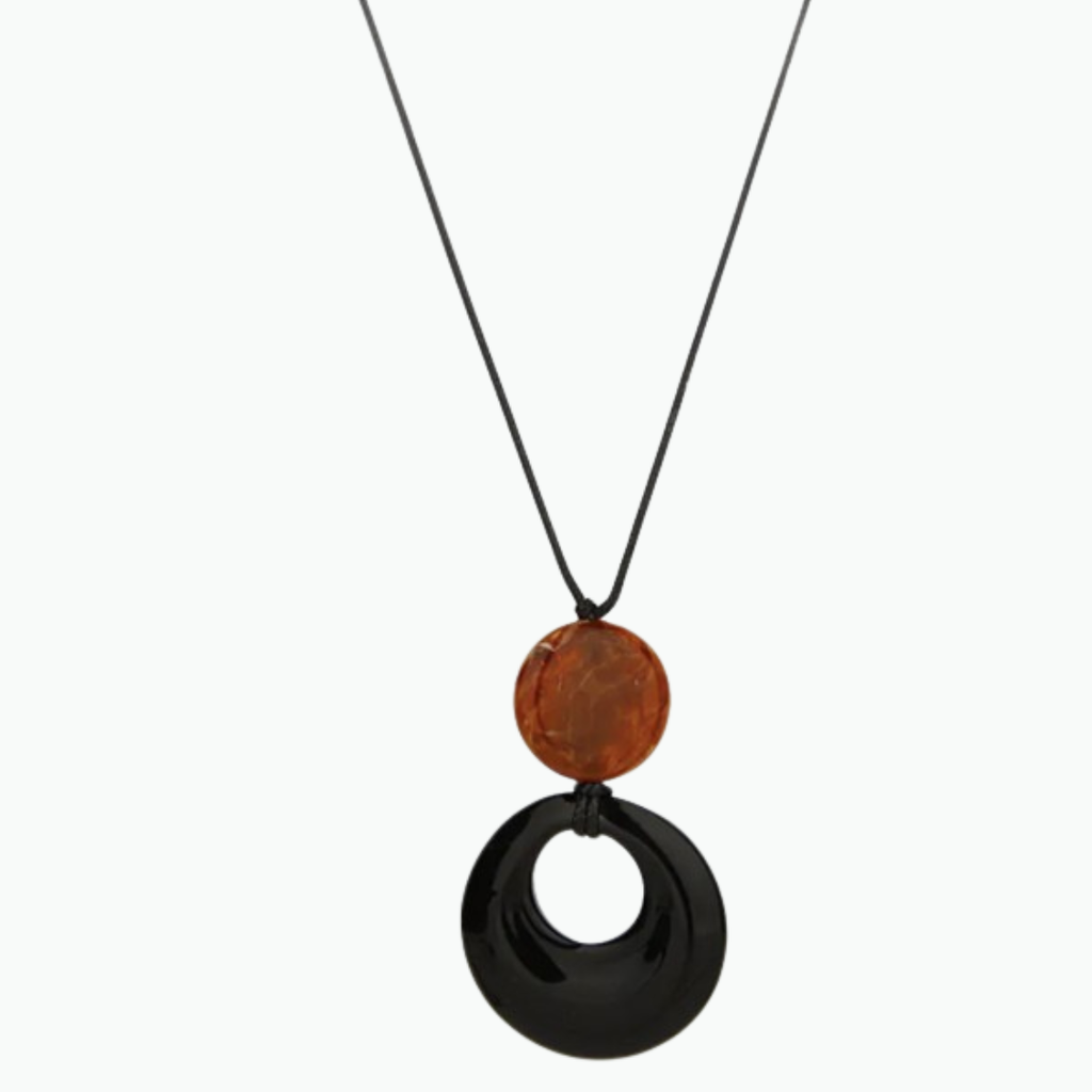 Vintage Style Long Pendant Necklace Natural Stone Sandalwood Gourd Circular Ring