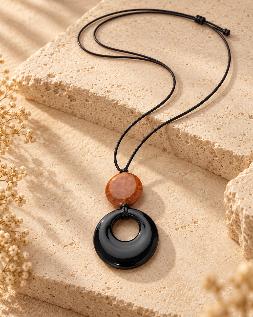 Vintage Style Long Pendant Necklace Natural Stone Sandalwood Gourd Circular Ring