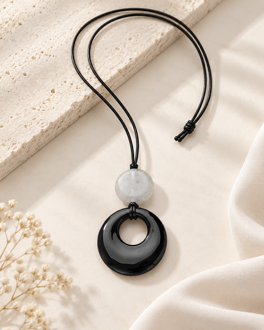 Vintage Style Long Pendant Necklace Natural Stone Sandalwood Gourd Circular Ring