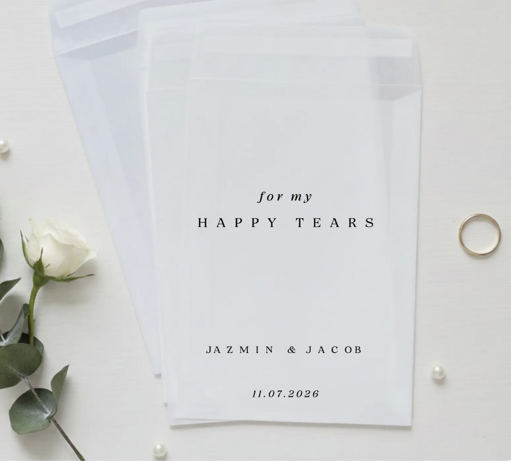 Greeting card with 'Happy Tears' text and wedding details, accompanied by a white rose and ring on a light surface.
