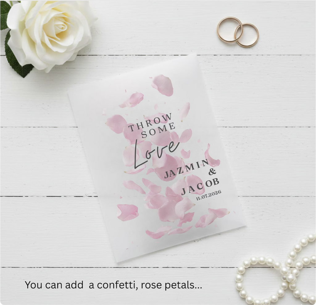 Personalized wedding favor bag with floral design and text on a wooden surface.