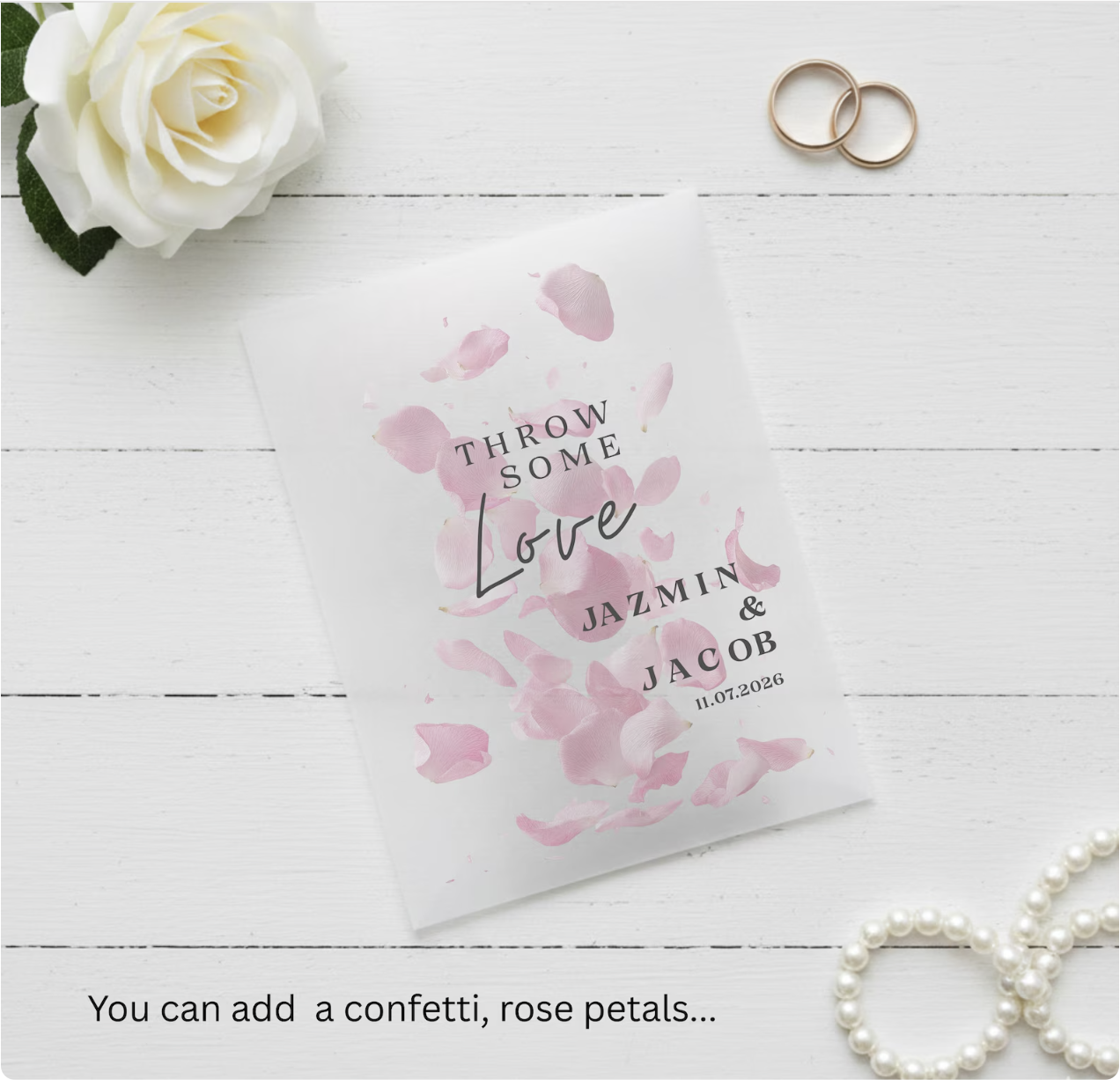 Personalized wedding favor bag with floral design and text on a wooden surface.