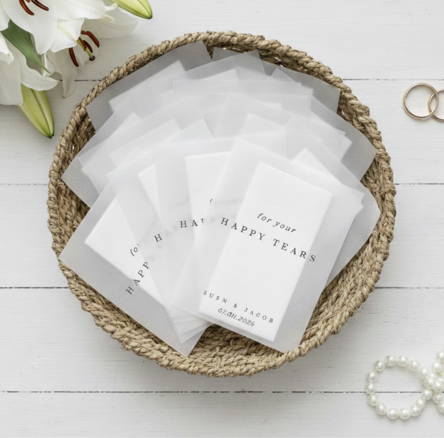 White cards with text on a woven basket on a white wooden surface with flowers and jewelry.
