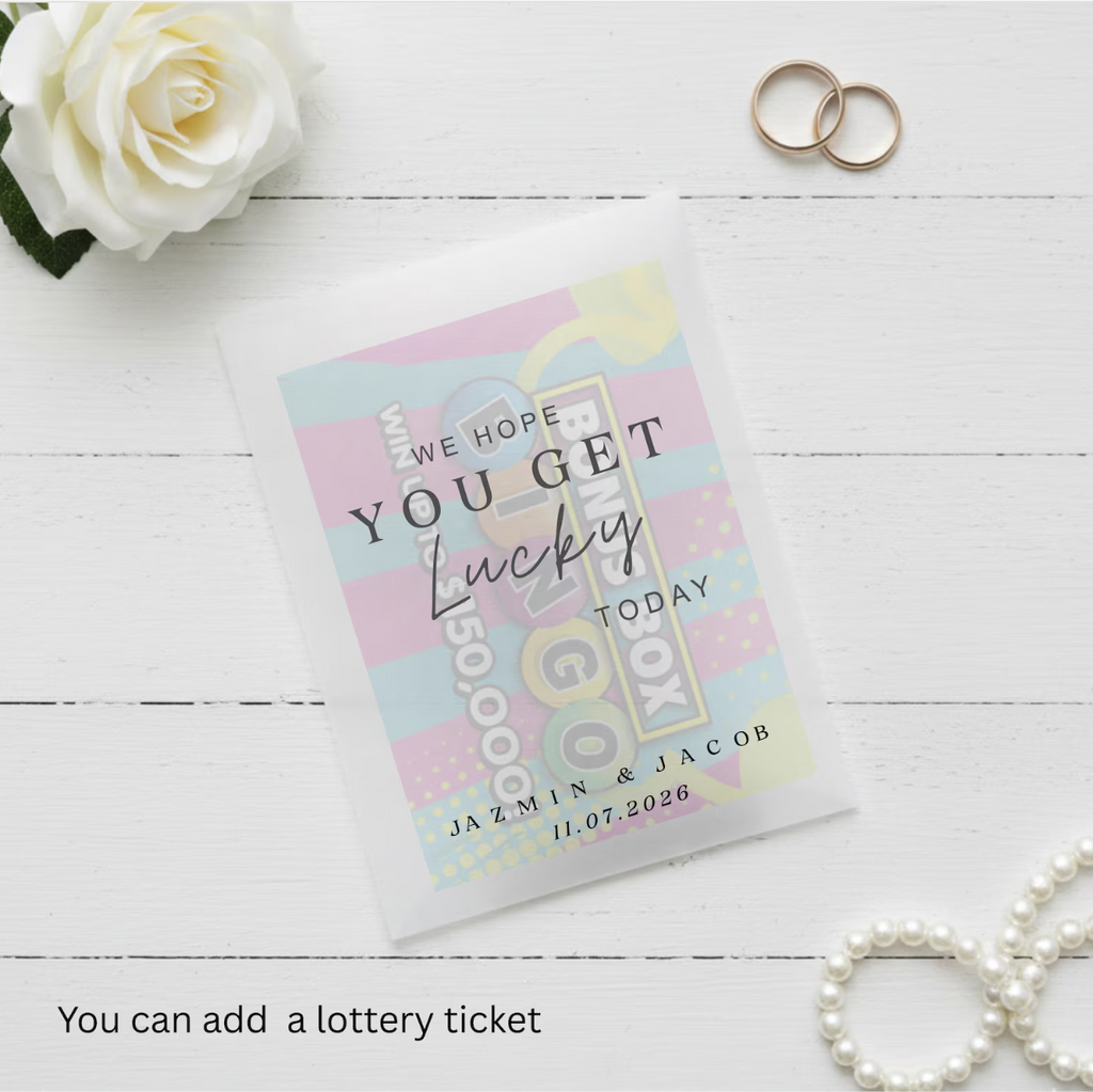 Personalized lottery ticket with decorative elements on a wooden surface.