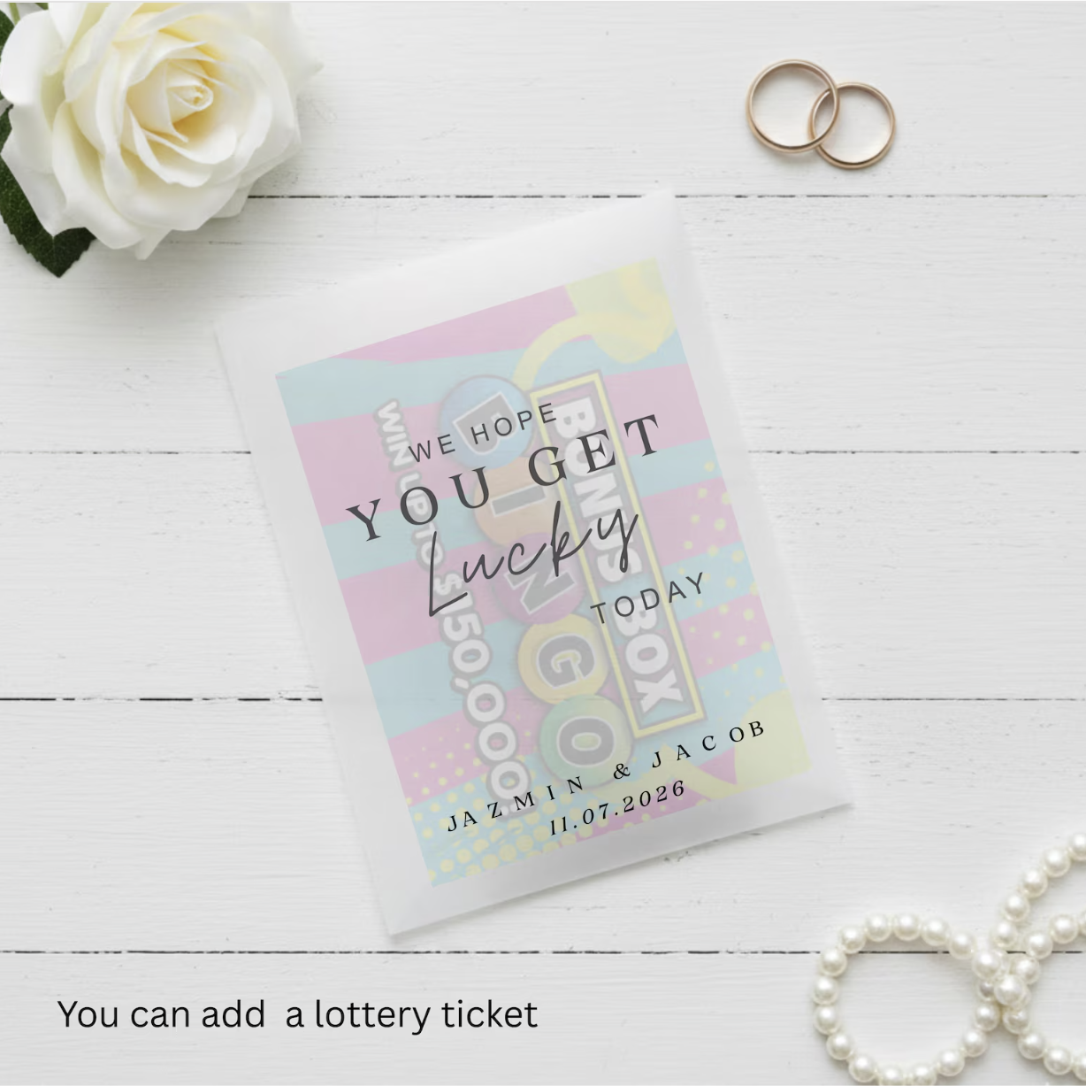 Personalized lottery ticket with decorative elements on a wooden surface.