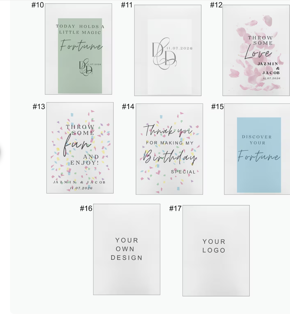 Collection of personalized greeting cards with various designs and text on a white background.