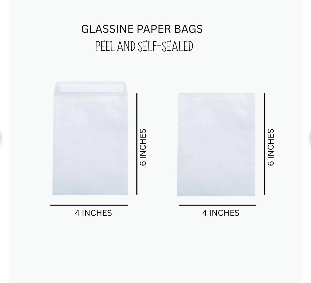 Glassine paper bags with dimensions labeled on a white background
