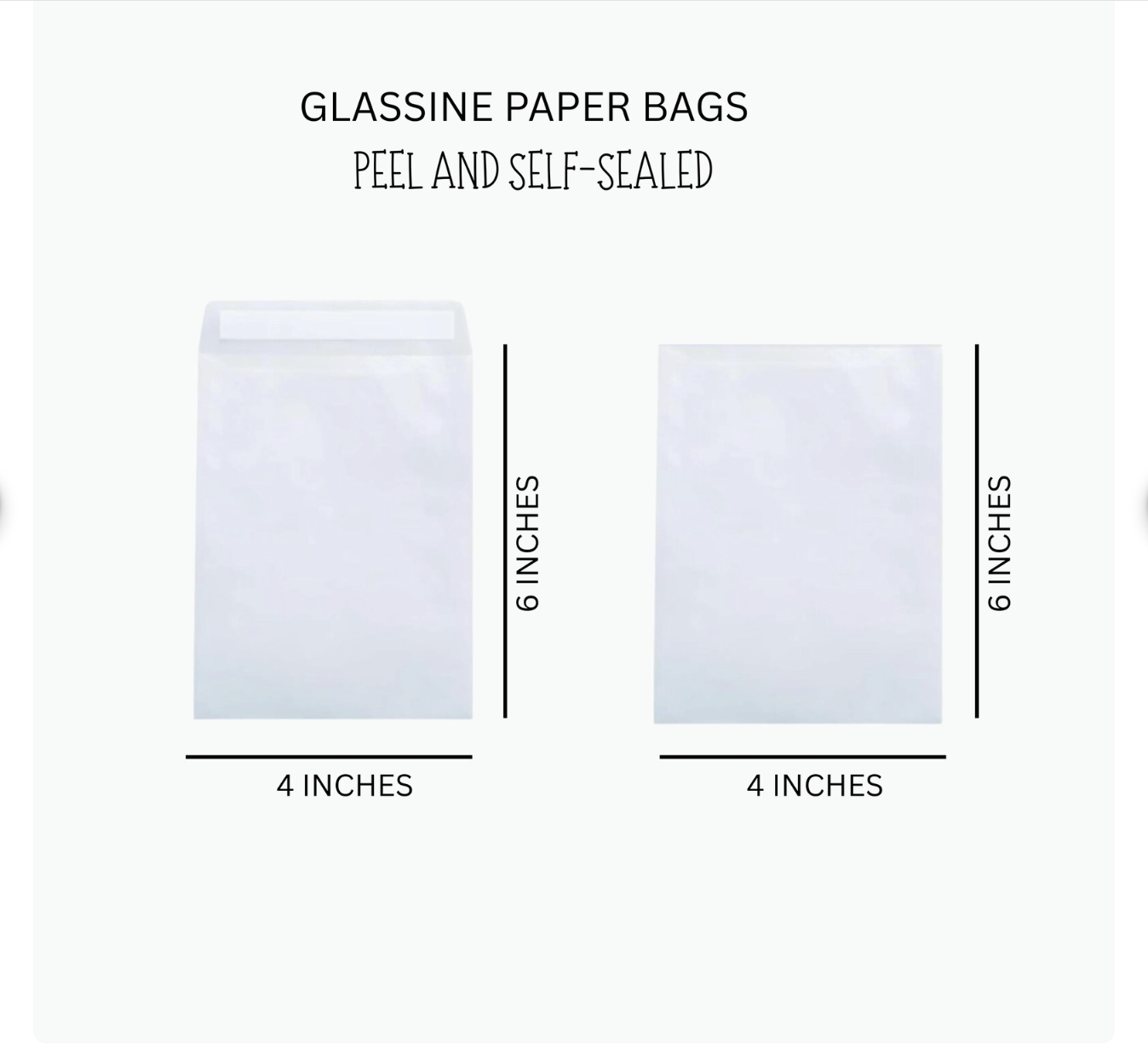 Glassine paper bags with dimensions labeled on a white background